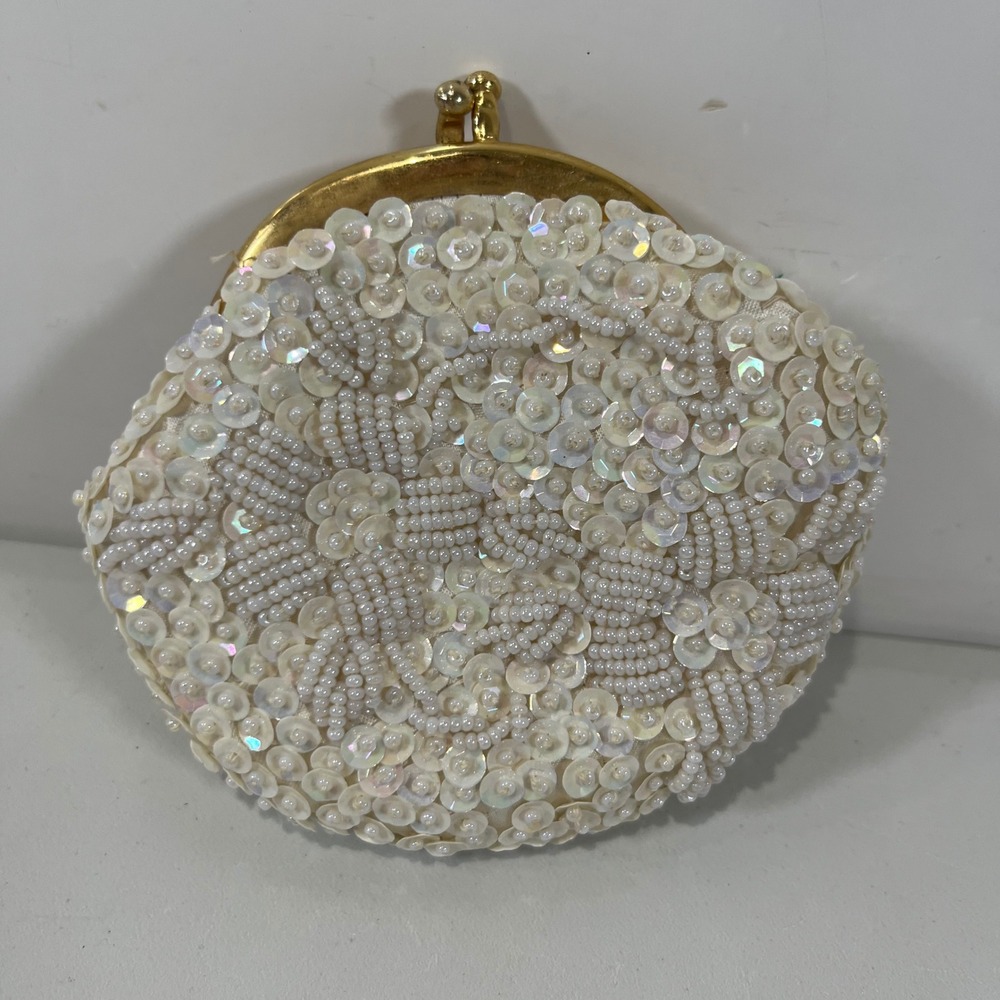 Vintage Coin Purse Hong Kong Small Beaded Sequin Iridescent Bridal Coquette Y2K